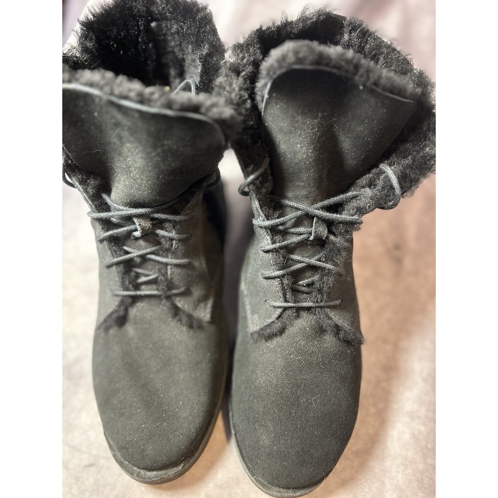 UGG Women's Size 9 Black Suede Lace Up Shearling Lined Ankle Boots - Picture 2 of 7